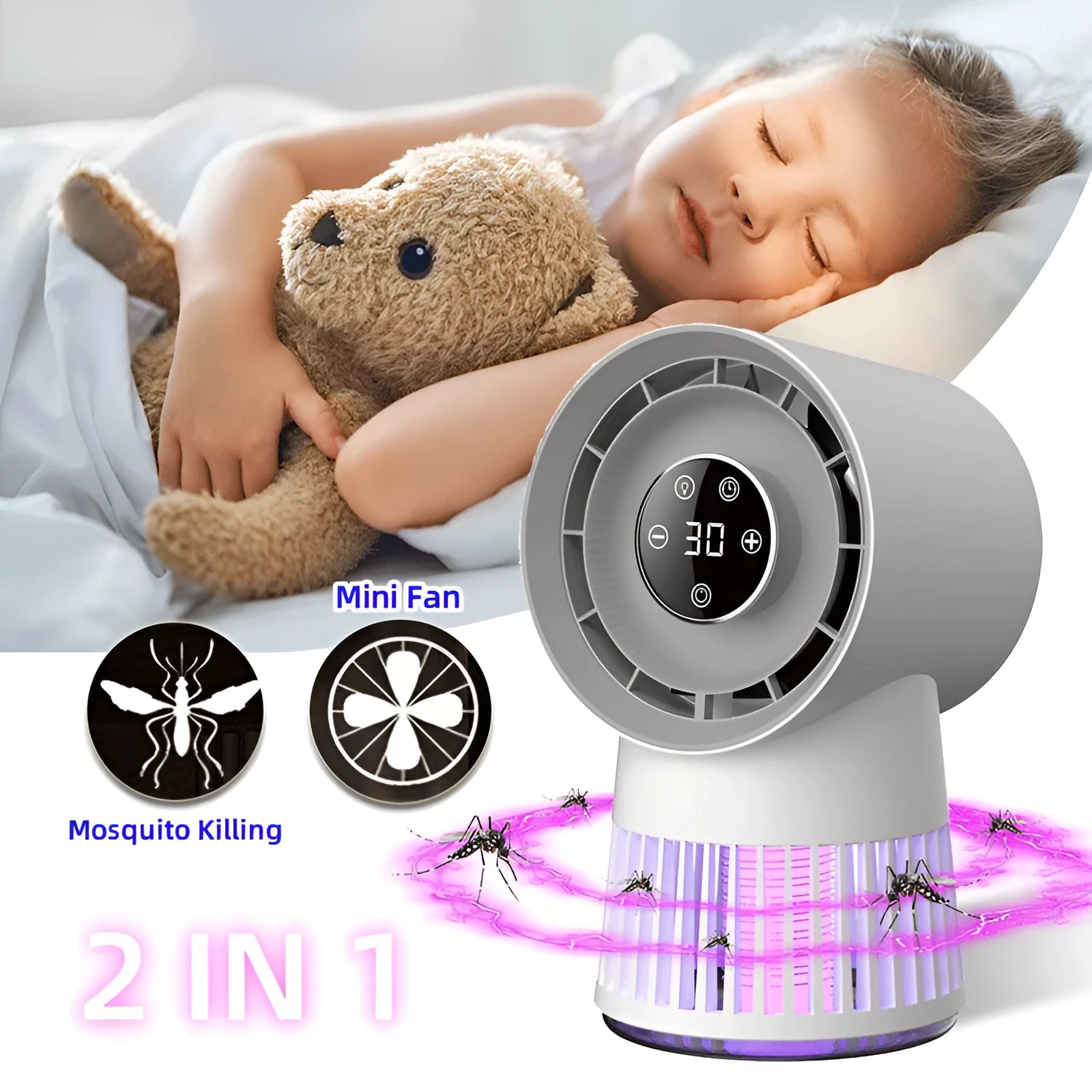 White plastic 2-in-1 mosquito killing mini desk fan with bladeless design and USB charging cable