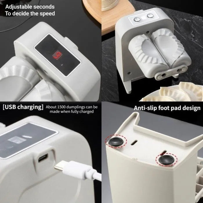 White electric dumpling maker machine with USB charging cable, brush, and spoon.