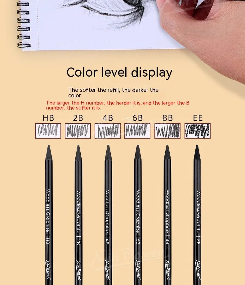 Set of 6 wood-free graphite sketching pencils with graded hardness labels HB 2B 4B 6B 8B EE