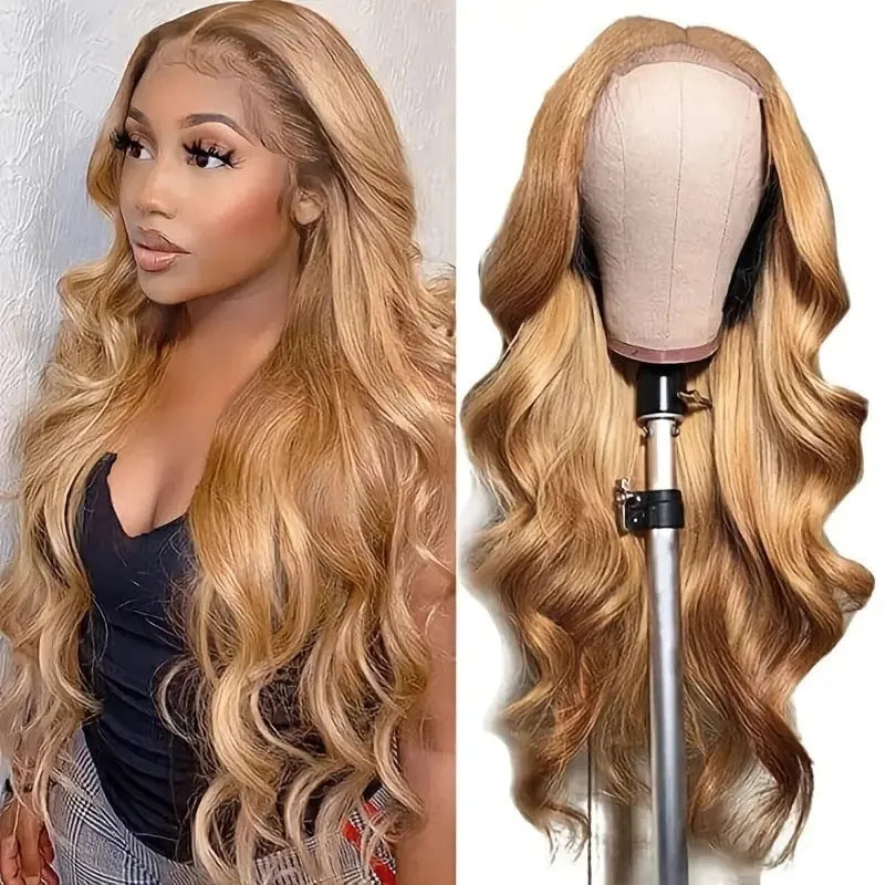 Golden big wave synthetic wig with long curly hair and side bangs in light brown colour