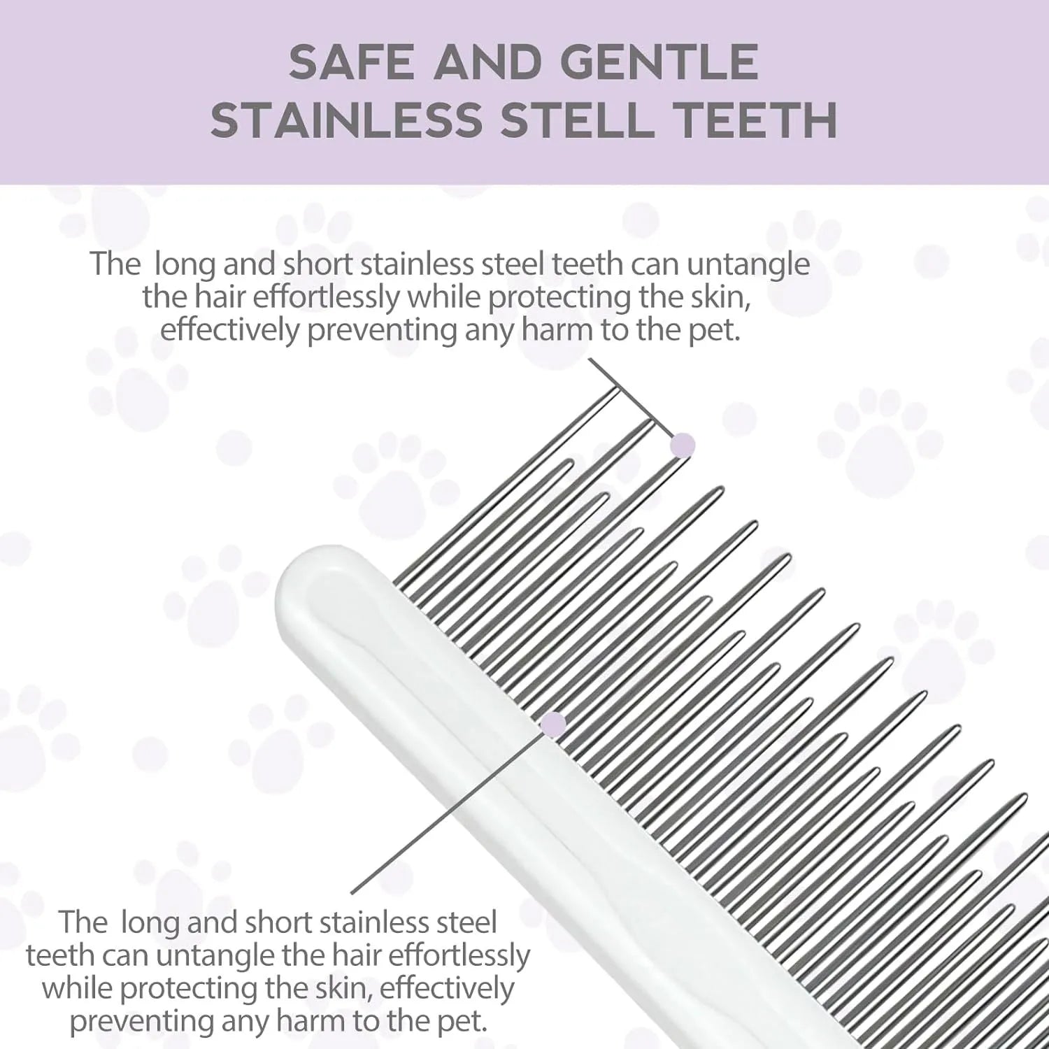 Purple detangling pet comb with stainless steel teeth for grooming dogs and cats, showing ergonomic handle