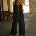 Sleeveless wide leg jumpsuit in cotton with art retro style and pocket, available in multiple colours