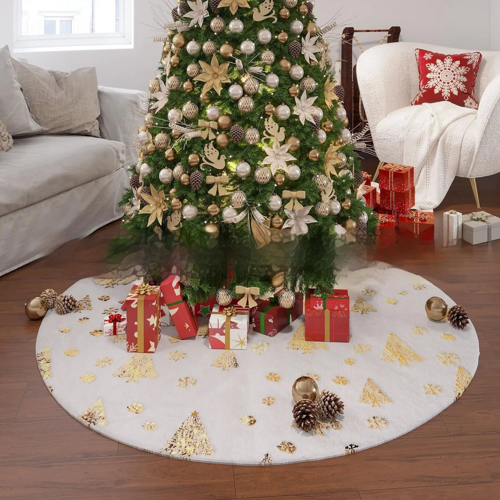 Gilding Snowflake XINGX plush Christmas mat showing festive designs in available sizes from 78cm to 150cm
