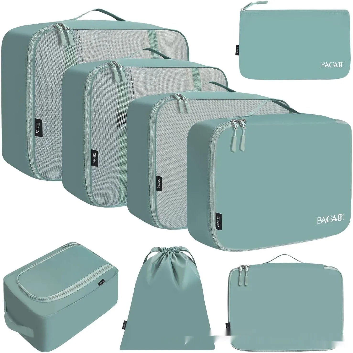 Set of eight cubic travel packing bags in various colours including beige, navy blue, and pink leopard print patterns
