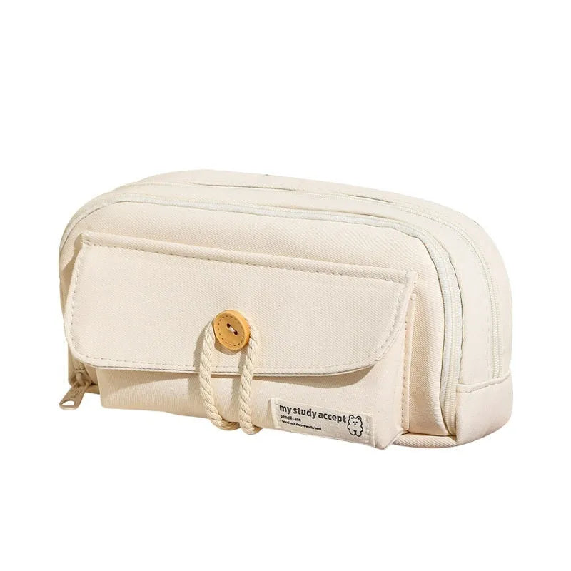 Large capacity canvas pencil case in green, beige, blue, and grey colours, holding approximately 80 pens.