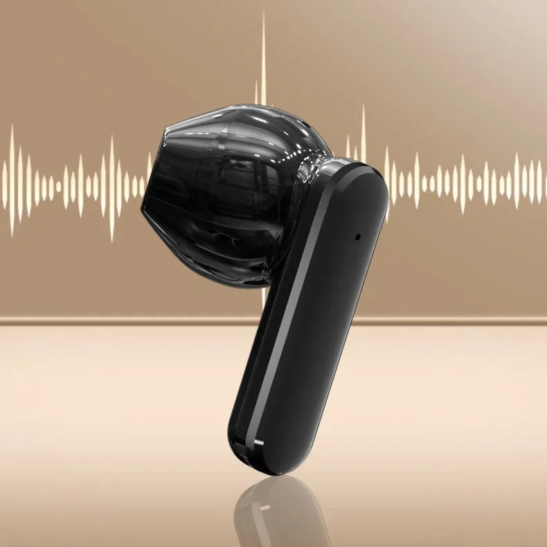 YX28 black Bluetooth headset with touch screen display and ear hook design shown from side angle