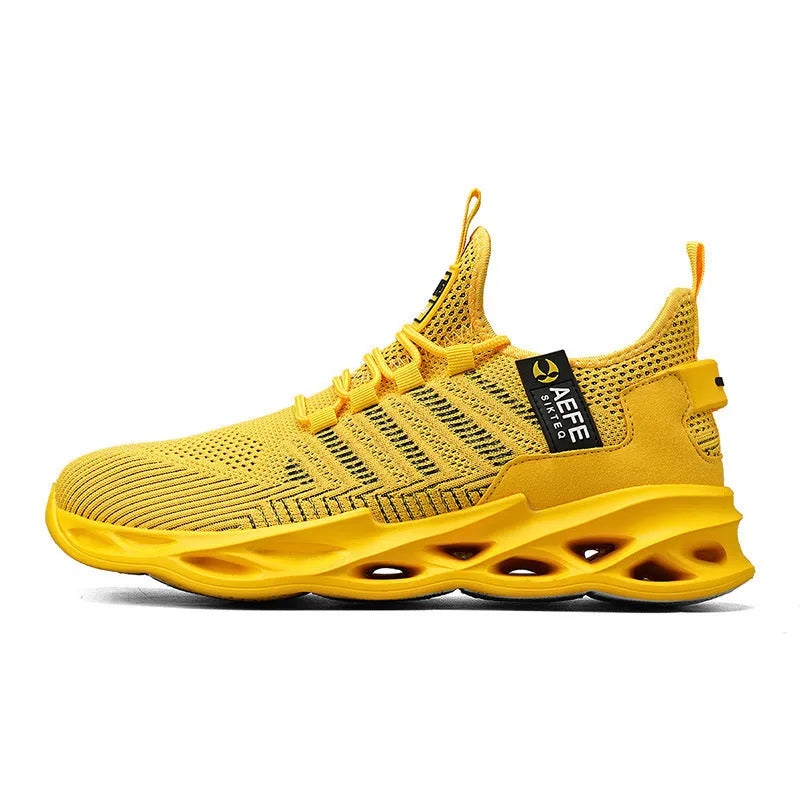 Men's black mesh casual running shoes with cross-strap design and round toe in Korean style