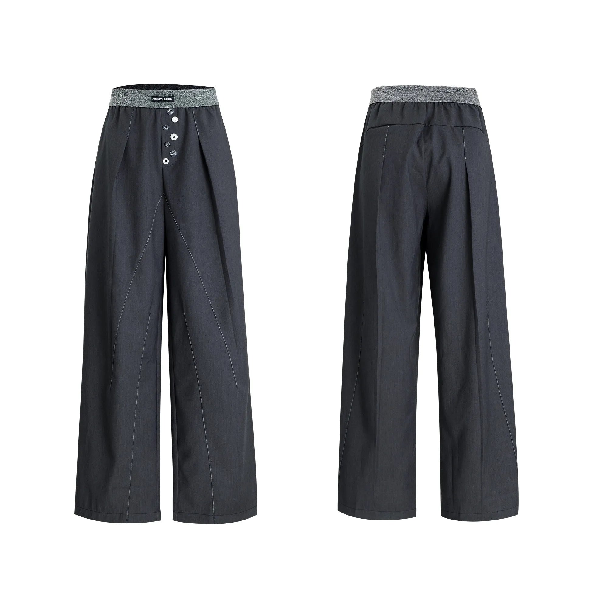 Straight-leg suit trousers in black with high waist and button-open line design, made from polyester-cotton blend.