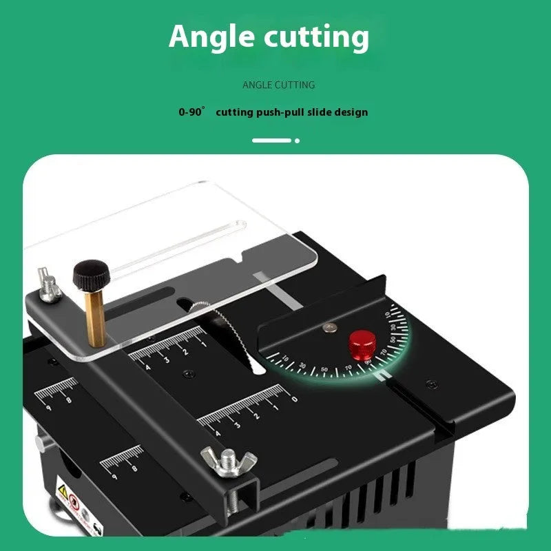 Lithium ion micro desktop saw with metal body and angle attachments for cordless cutting