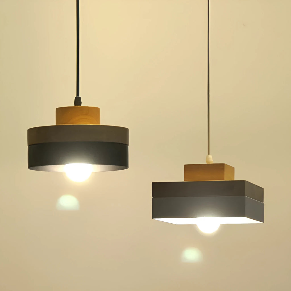Japanese-style zinc alloy wood chandelier with adjustable height in matte black round design