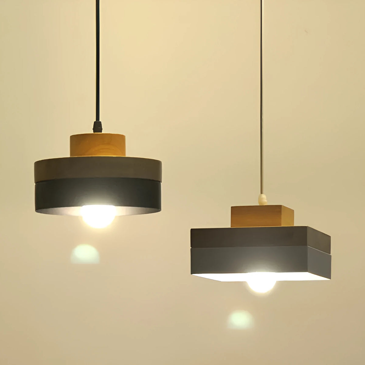 Japanese-style zinc alloy wood chandelier with adjustable height in matte black round design
