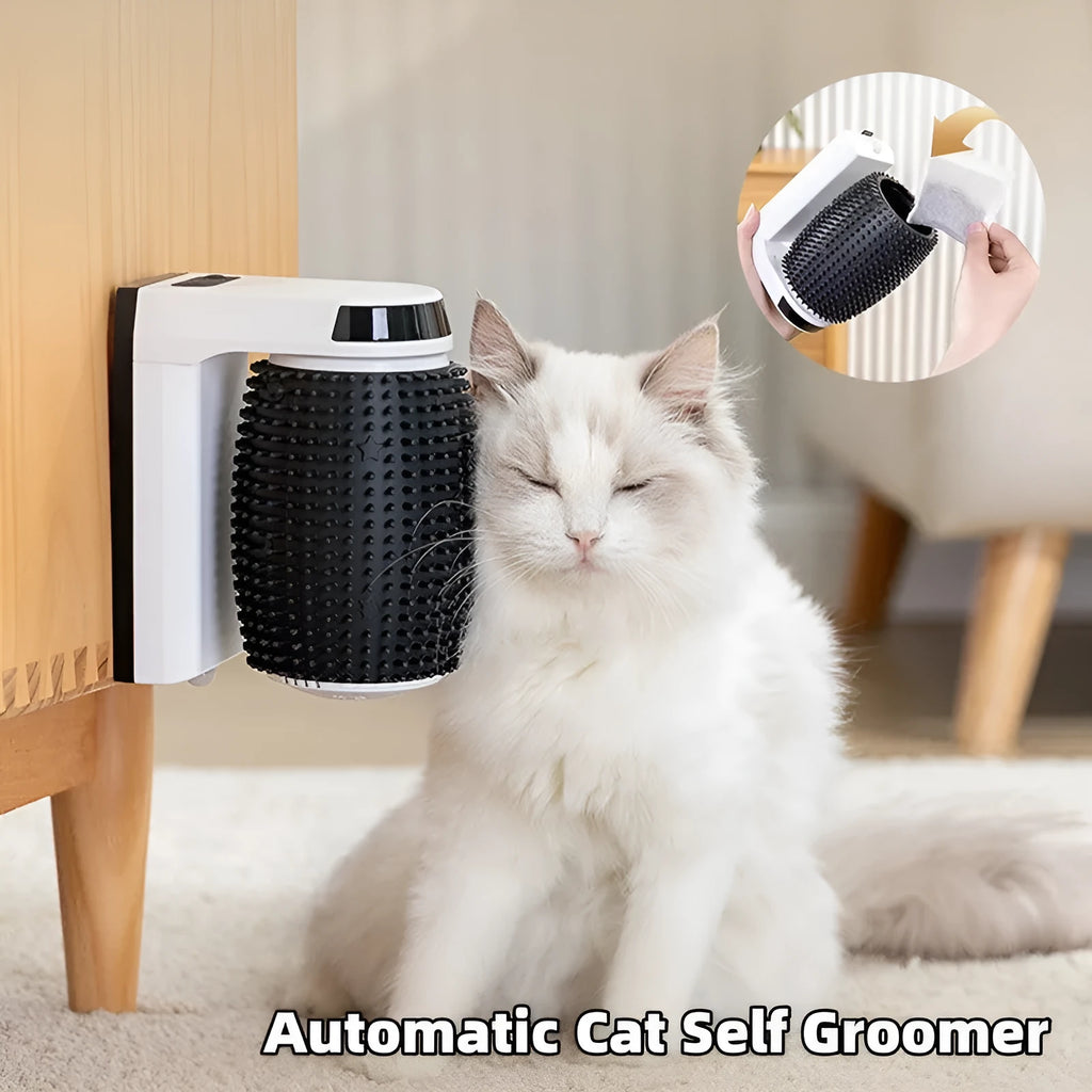 White automatic cat self-groomer wall corner brushes with scratching surfaces for feline independent grooming