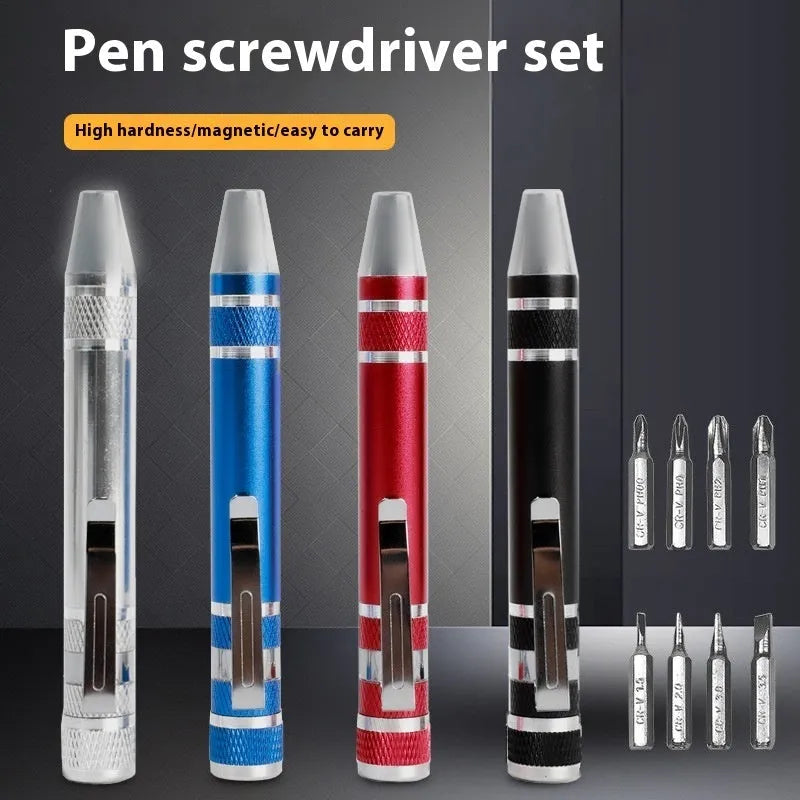 Aluminium alloy pen screwdriver set with eight interchangeable bits and 107mm chrome vanadium steel cutter bars