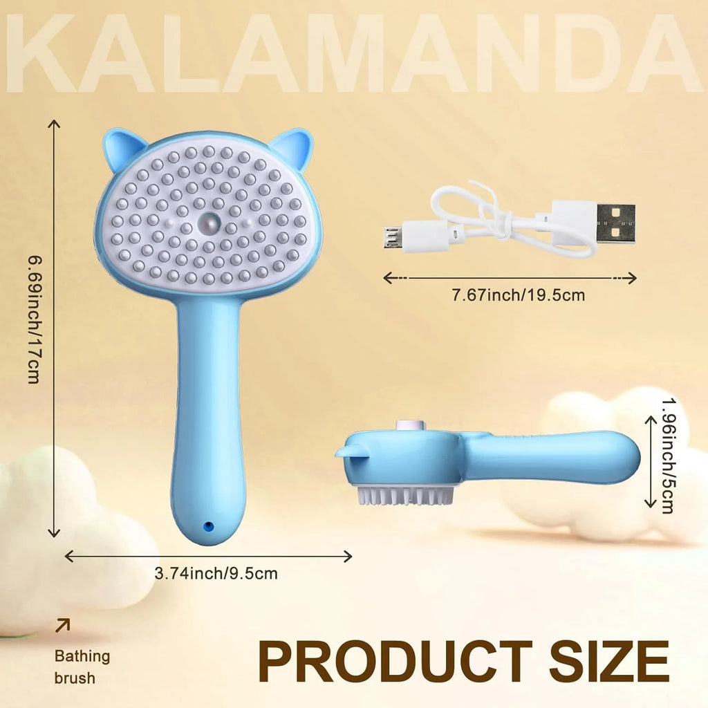 Cat steam brush with blue handle, rubber bristles, and one-click release button for pet grooming