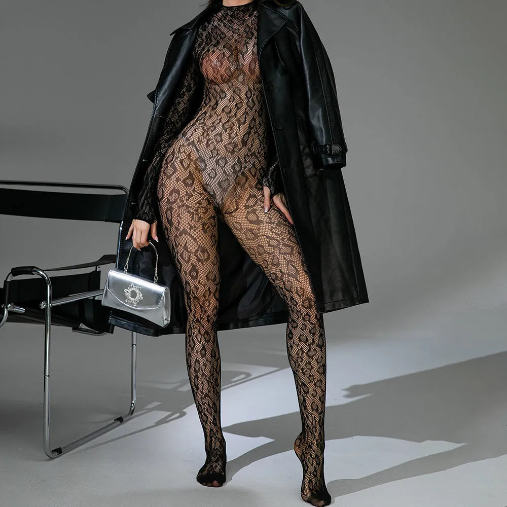 Women's fishnet lingerie bodysuit with long sleeves and backless jacquard detailing in multiple colours