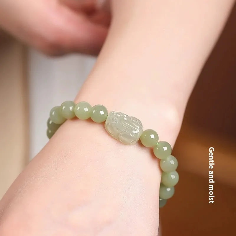 Grey Hetian jade leather show bracelet for women in ethnic style with polished beads