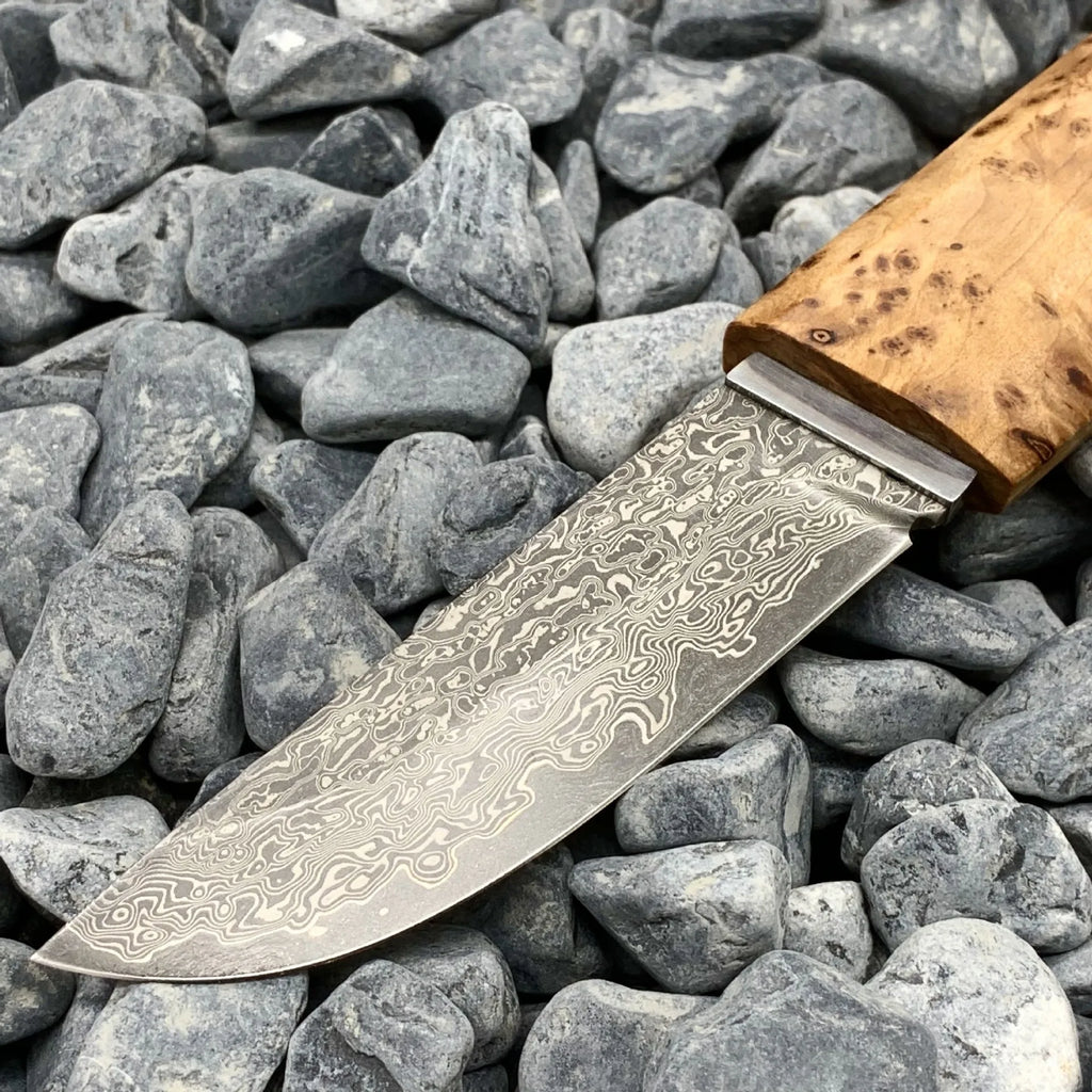 White Shadow Damascus pattern steel camping short knife with Thuja wood handle