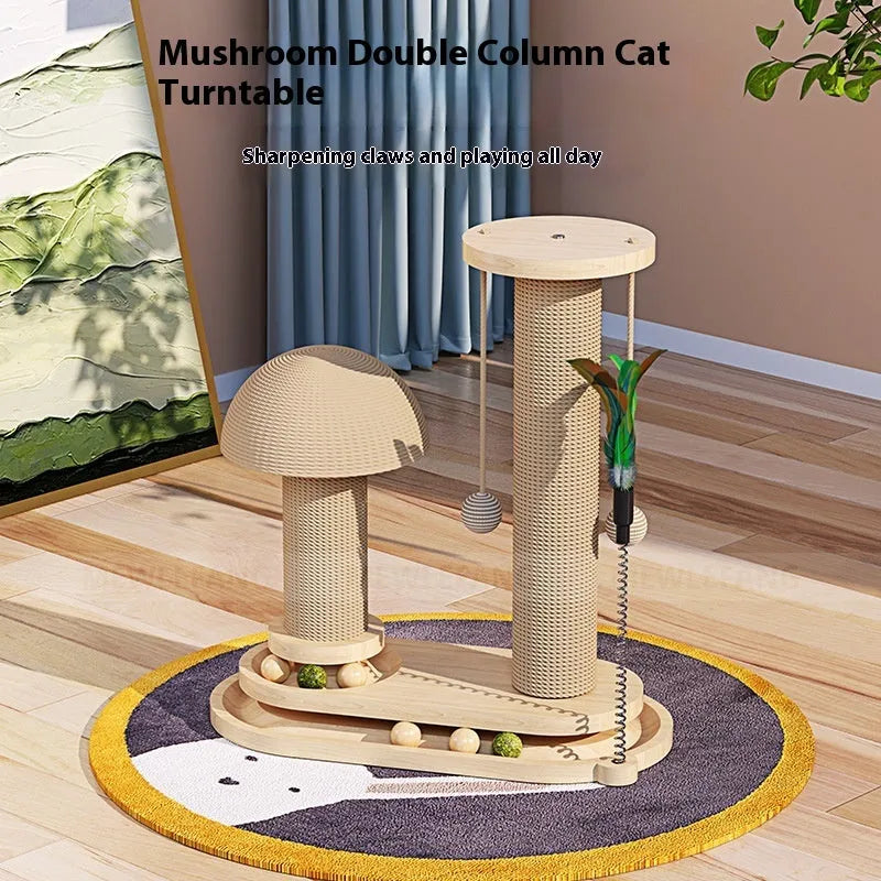 Solid wood cat turntable scratching post showing 60cm height and 30cm diameter rotating surface with multiple design options