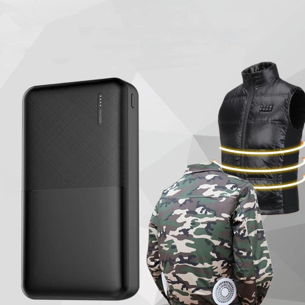 Black and white 20000 mAh power bank showing front view with USB ports