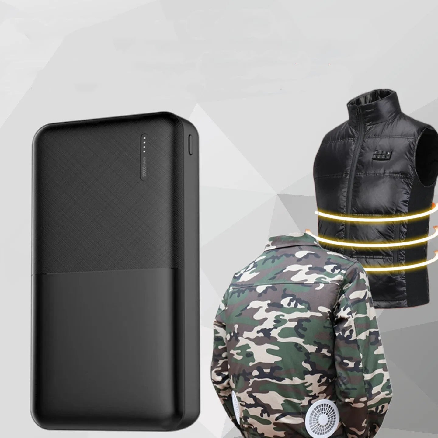 Black and white 20000 mAh power bank showing front view with USB ports