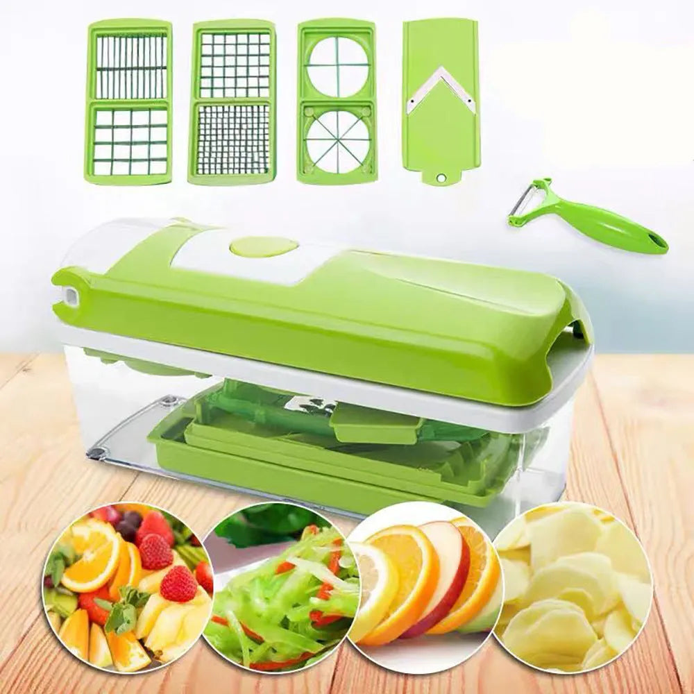 12-piece green vegetable chopper set with stainless steel blades on a kitchen counter