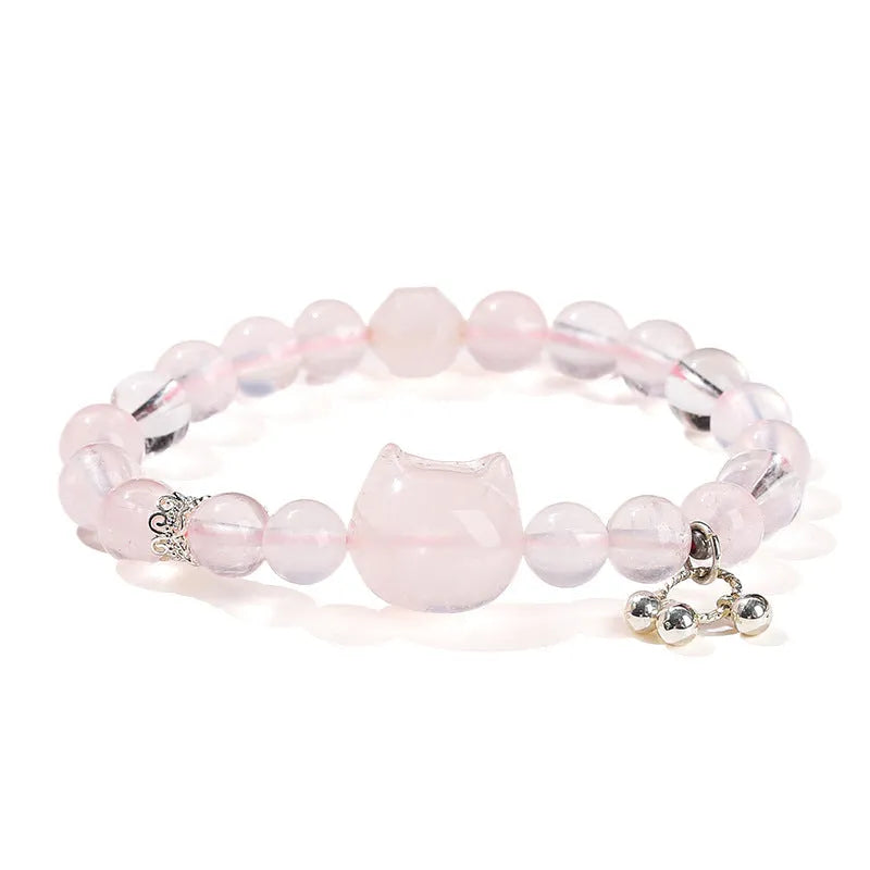 Handmade women's natural crystal bracelet with cat head design and geometric pattern