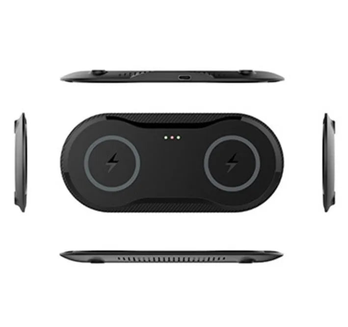 Black and white dual 10W wireless charger charging two phones simultaneously on silicone anti-slip base