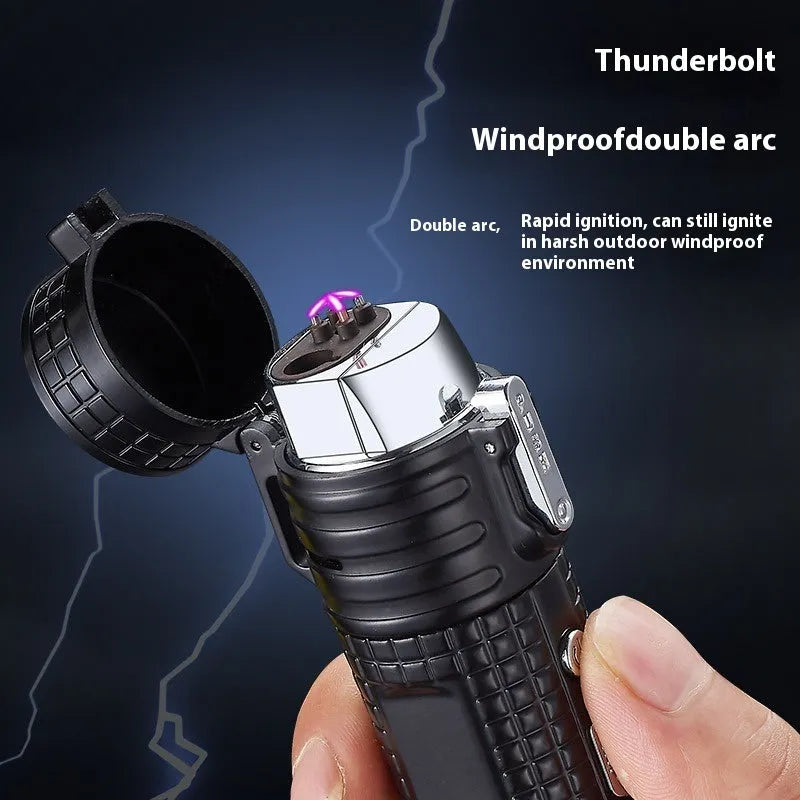 TH727 multi-function waterproof flashlight lighter in metal construction with colour options including camouflage, red, black, blue, and yellow