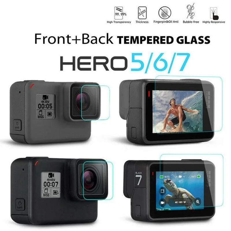 GoPro Hero 5 6 7 transparent tempered glass lens protector and LCD screen protector film set