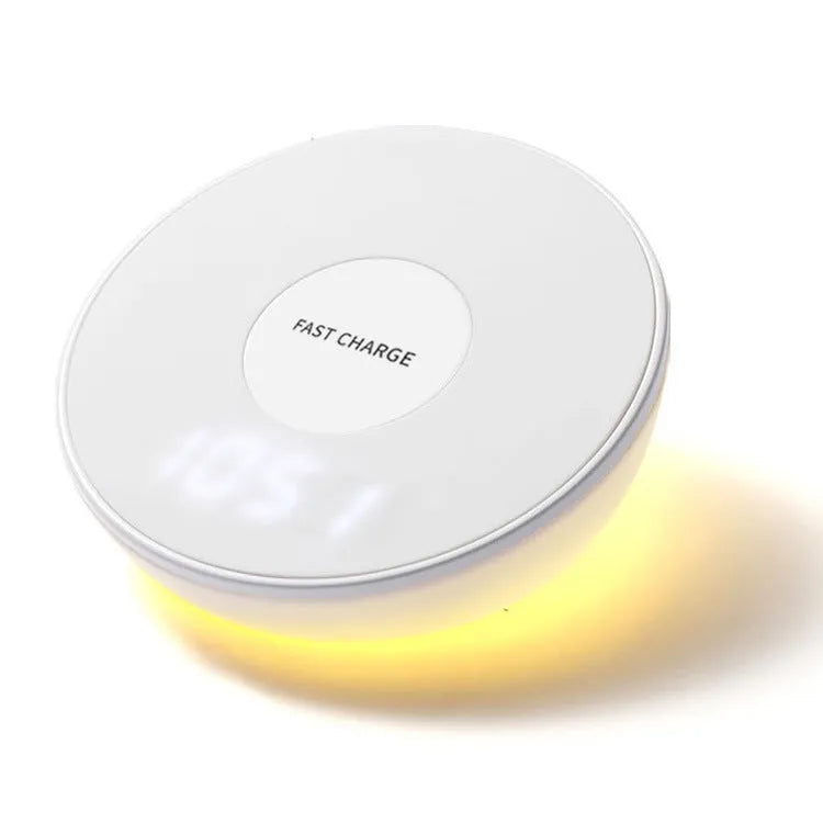 White wireless charger with clock display, 10W fast charging for mobile phones, dimensions 115mm by 24mm by 55mm