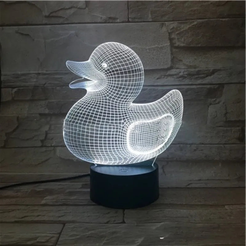 Little Yellow Duck 3D night light with acrylic panel and ABS base, showing colour options and remote control