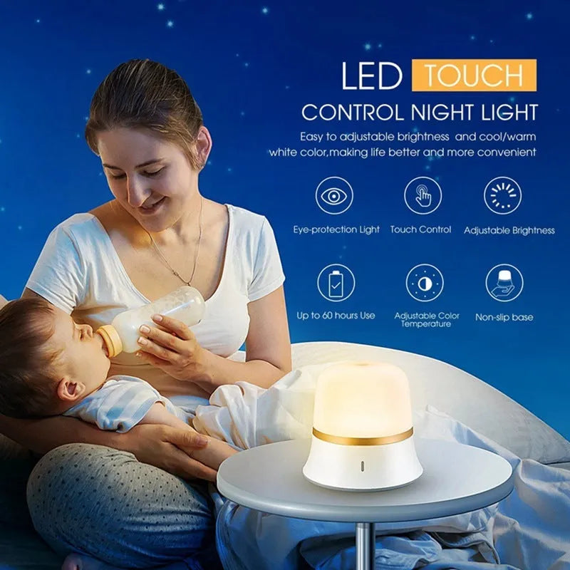 White bedside nursing night light with touch controls for dimming and colour selection.