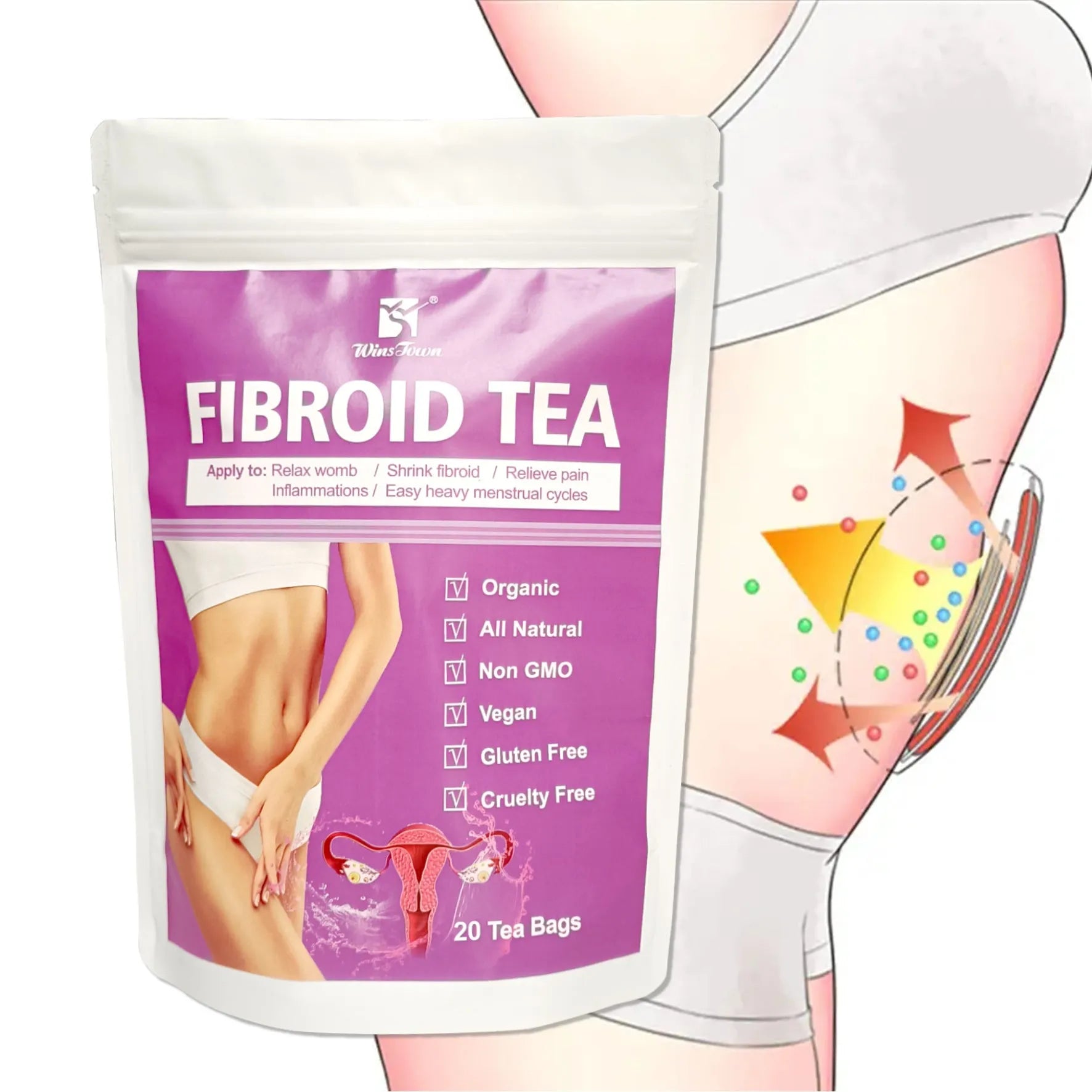 Pack of Winstown Fibroid Herbal Tea bags with C83 packaging.