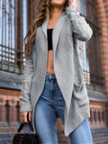 Grey women's loose long sleeve cardigan coat with patch pockets.