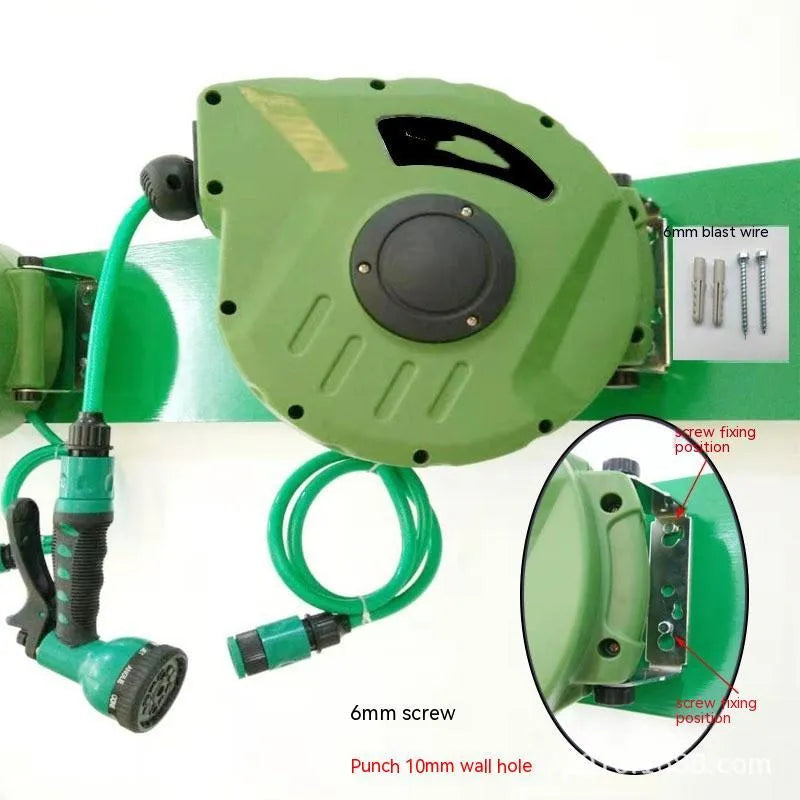 Qiya automatic retractable hose reel with 10m PVC pipe in 30.5x16.5x28.5cm compact unit
