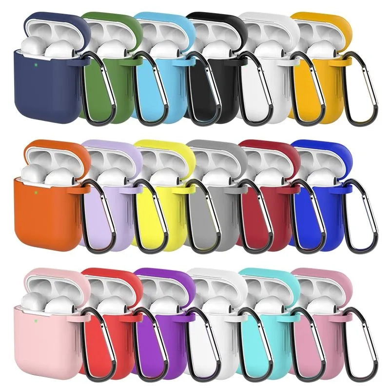 Liquid silicone AirPods covers in multiple colours showing clamshell design protecting Apple wireless earbuds