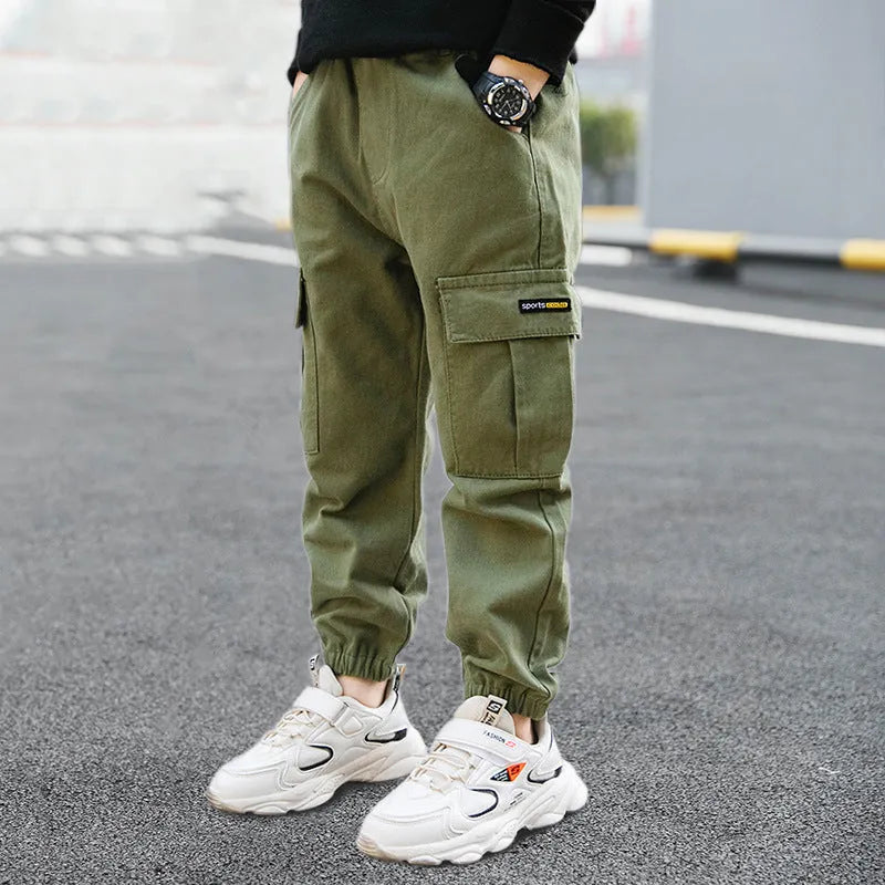 Boys' casual cotton summer trousers in khaki, available in sizes from 110cm to 170cm.