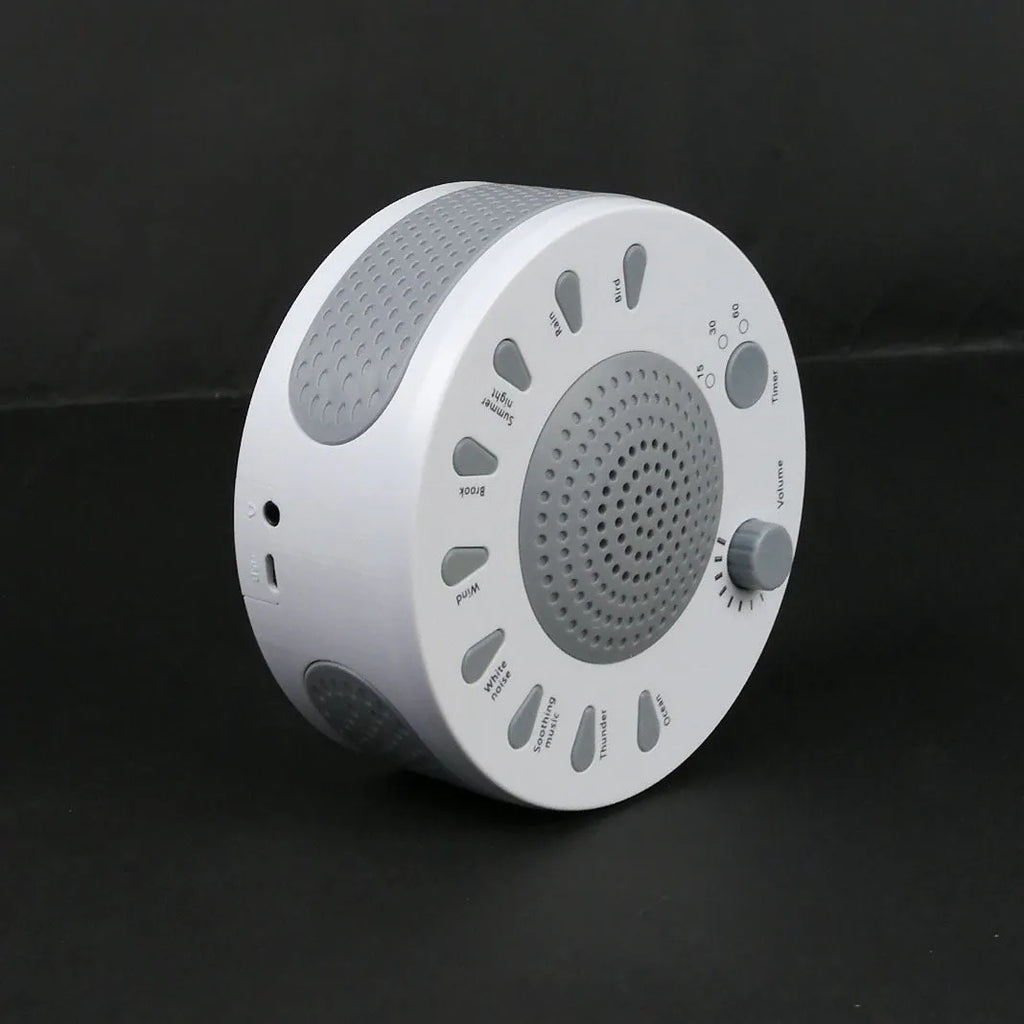 White noise sleep instrument with control knobs showing nine sound options and automatic timer settings