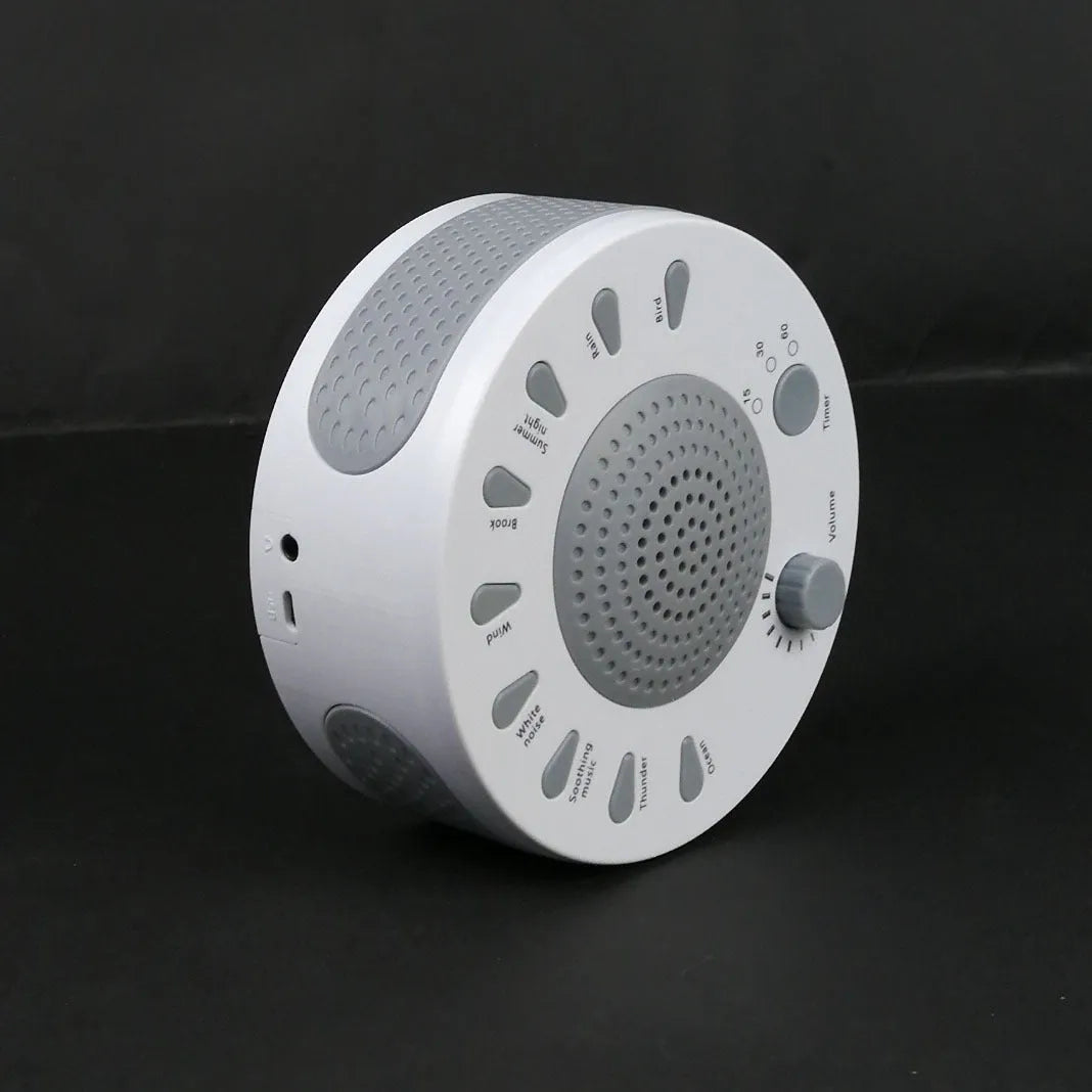 White noise sleep instrument with control knobs showing nine sound options and automatic timer settings