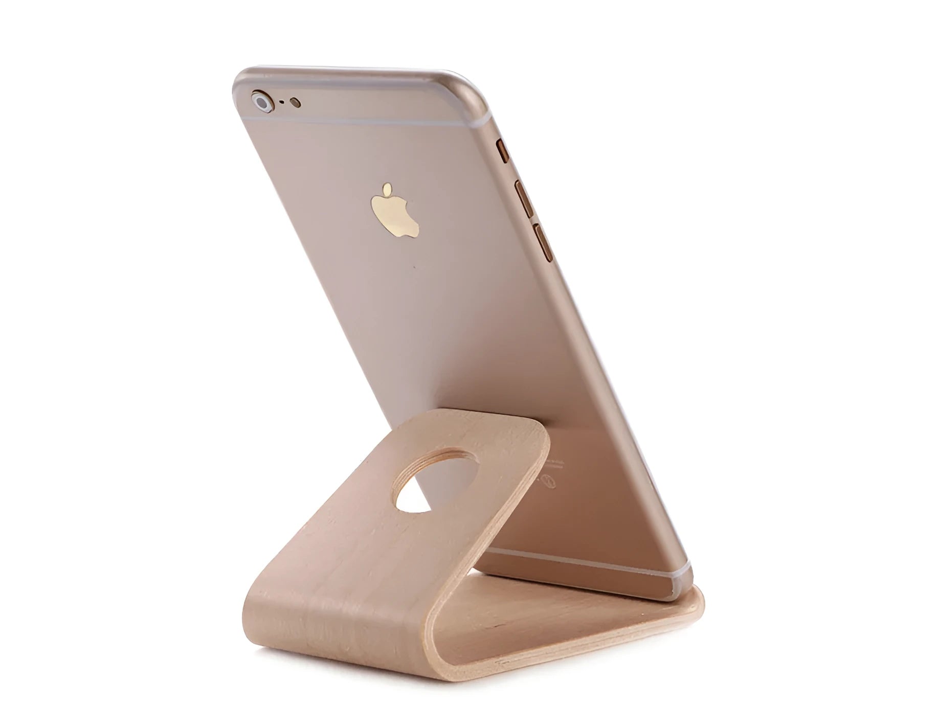 Walnut and white maple wooden stands holding iPhones at viewing angles