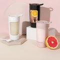 Portable automatic blender cup in black, blue, pink, or white showing 650ml capacity.