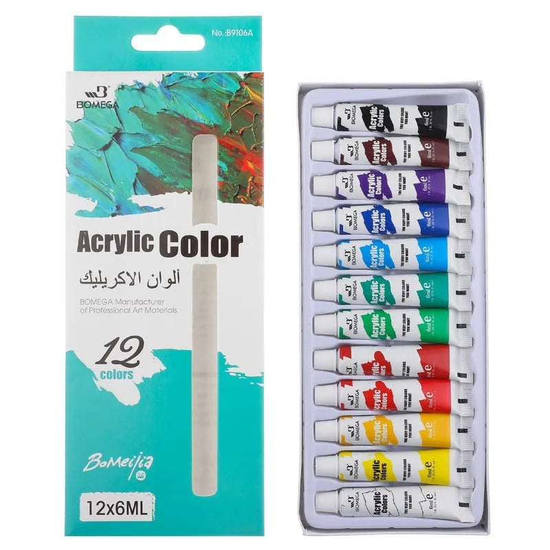 12-colour artist pigment set with tubes for acrylic, gouache, watercolour, oil painting, glass, and textile applications showing 6ml and 12ml size options