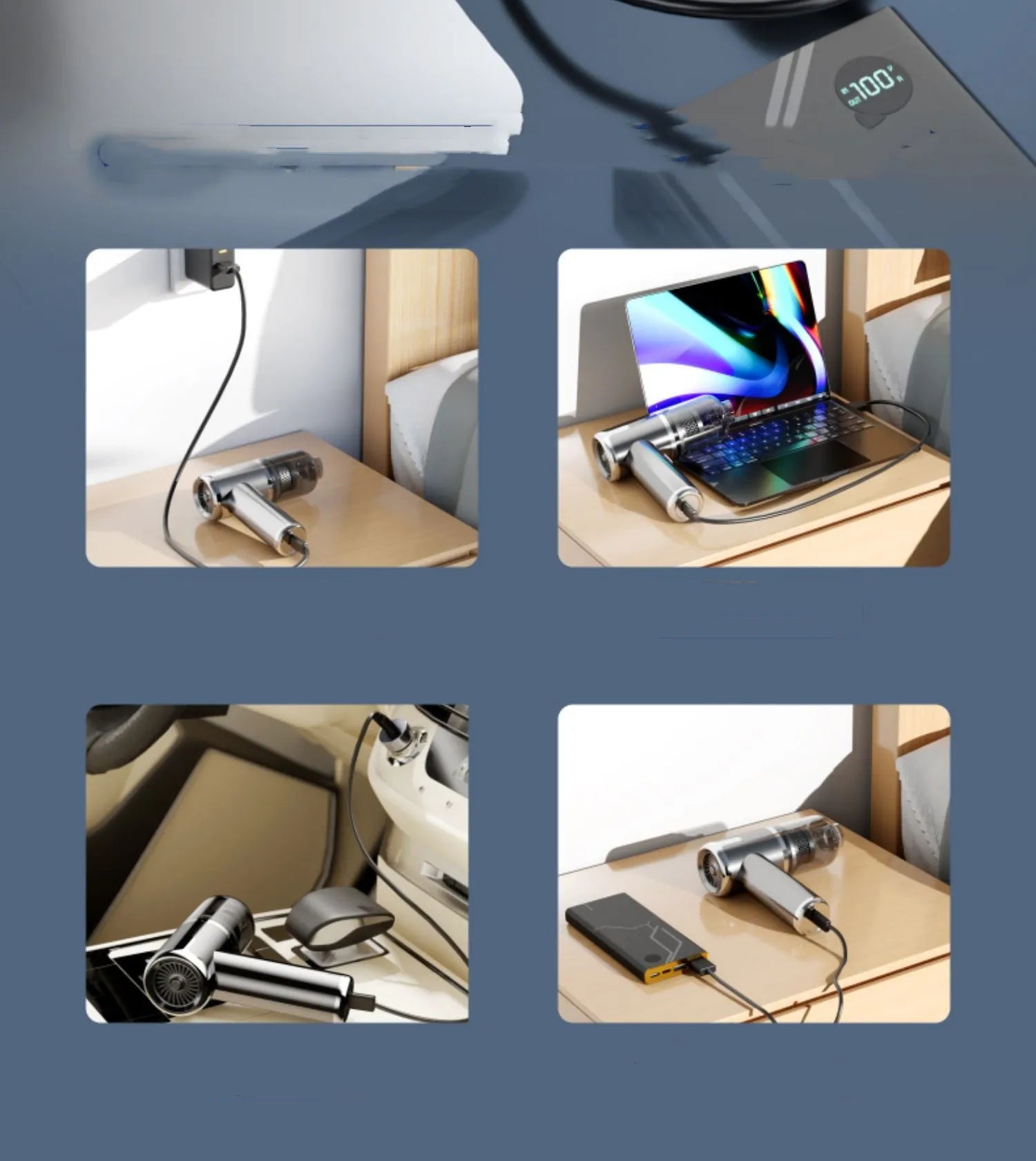 XY-2317 wireless handheld vacuum cleaner with attachments and car mount on a table