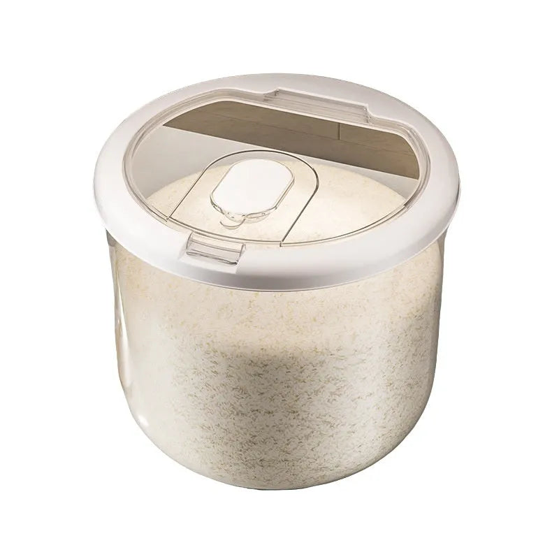 Transparent plastic grain storage tank with measuring cup, showing clear capacity markings.