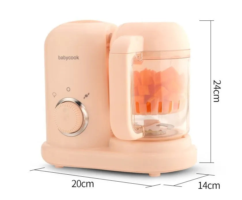 Baby food processor with steamer and blender functions in green or pink, showing 10-litre capacity and double mixing blades