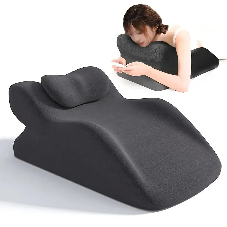 Stomach sleeper's pillow in blue colour with 40cm width and 15cm height for reading support