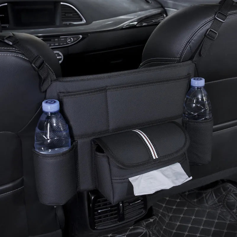 Black leather car seat hanging organiser with tissue box between vehicle seats