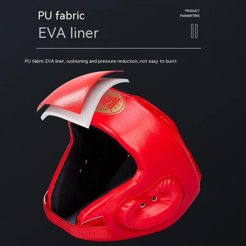Red fully enclosed boxing helmet with jaw protection showing vertical ventilation design