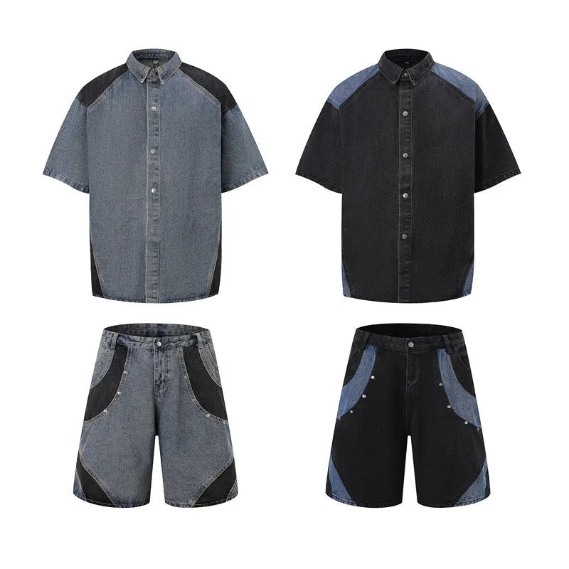 Retro washed denim suit set with short-sleeved jacket and trousers in black or blue, 100% Vinylon fabric