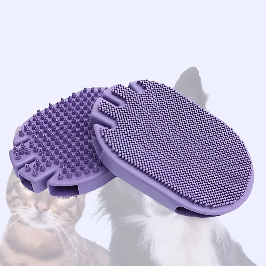 Purple pet shampoo massage brush with soft TPR bristles and ergonomic handle for dog and cat grooming